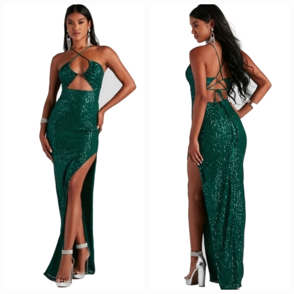NWT Windsor Green Sequin Prom Gown Formal Dress High-Cut Side Slit, Floor-Length - Picture 1 of 13